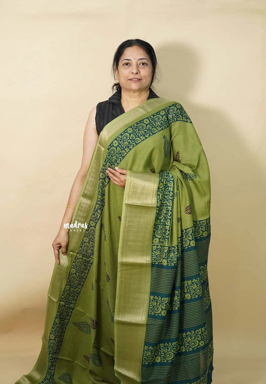 Leaf Green - Kalanjali chanderi Printed silk with Zari Border
