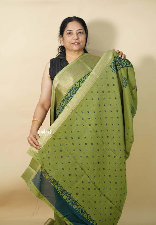 Leaf Green - Kalanjali chanderi Printed silk with Zari Border