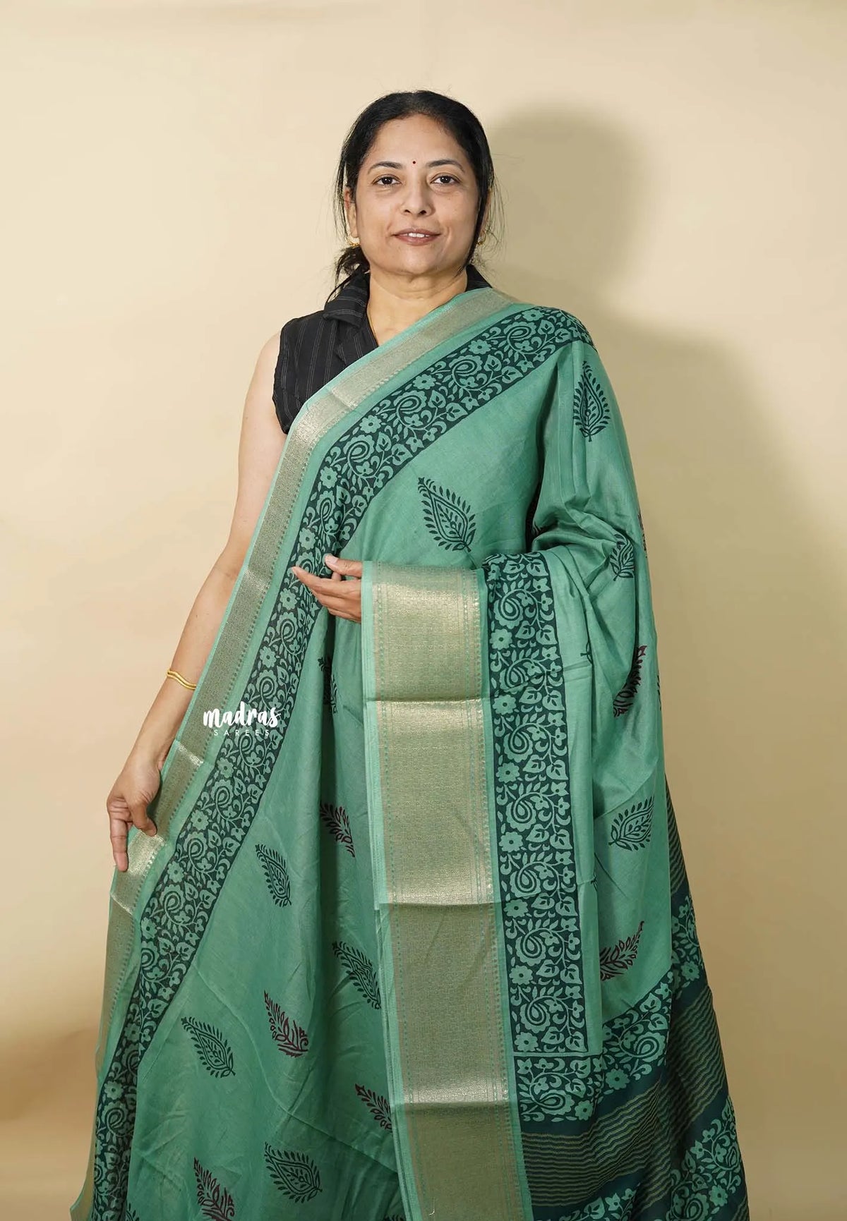Muted Teal Green - Kalanjali chanderi Printed silk with Zari Border