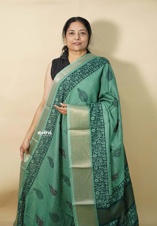 Muted Teal Green - Kalanjali chanderi Printed silk with Zari Border