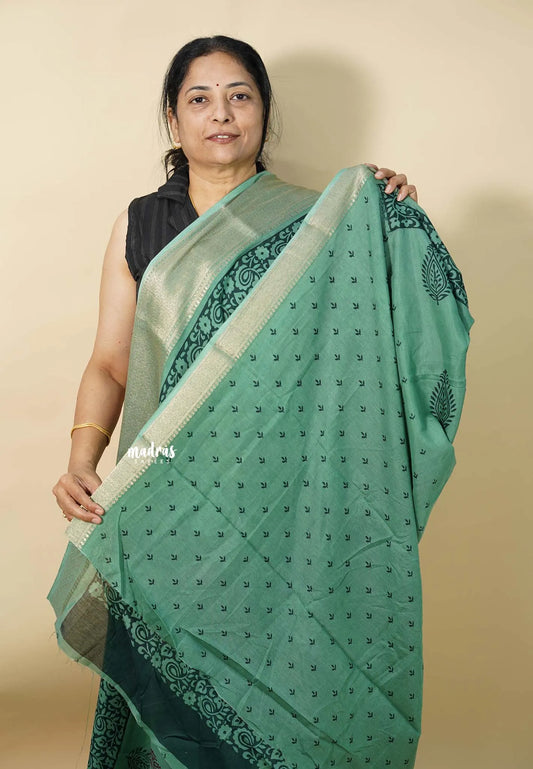 Muted Teal Green - Kalanjali chanderi Printed silk with Zari Border