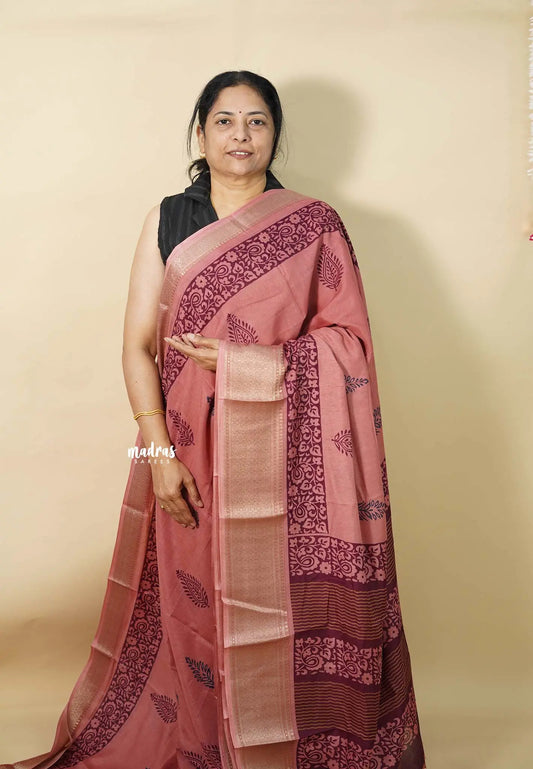 Pastel Rosewood Pink - Kalanjali chanderi Printed silk with Zari Border