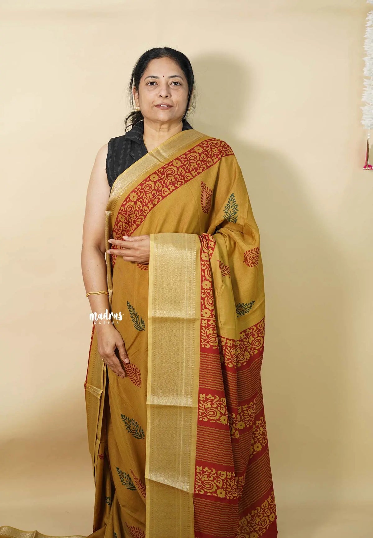 Magic Mustard - Kalanjali chanderi Printed silk with Zari Border