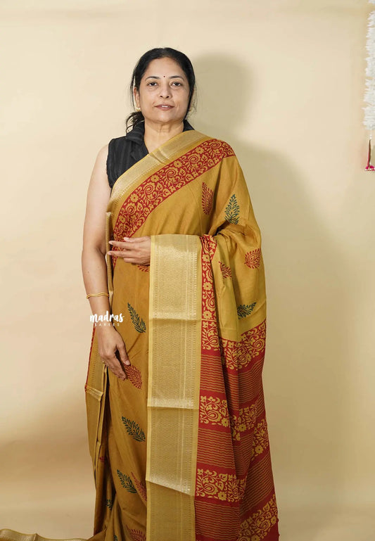 Magic Mustard - Kalanjali chanderi Printed silk with Zari Border