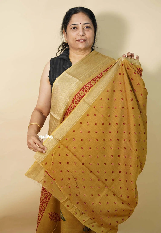 Magic Mustard - Kalanjali chanderi Printed silk with Zari Border