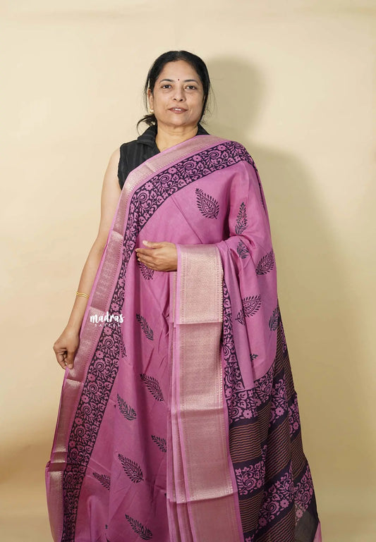 Magenta Pink - Kalanjali chanderi Printed silk with Zari Border