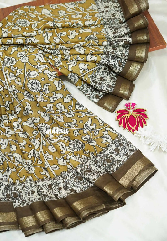 Yellow ochre - Kalanjali chanderi Printed silk with kalamkari floral prints