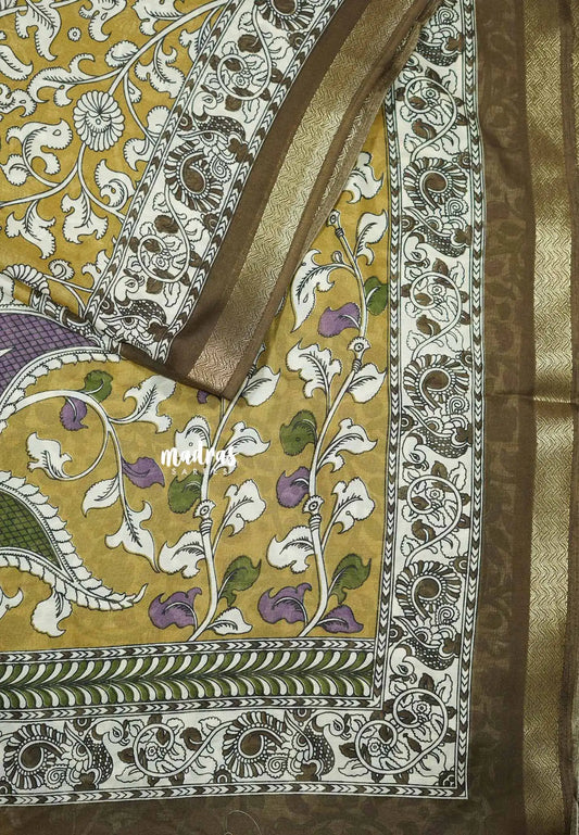 Yellow ochre - Kalanjali chanderi Printed silk with kalamkari floral prints