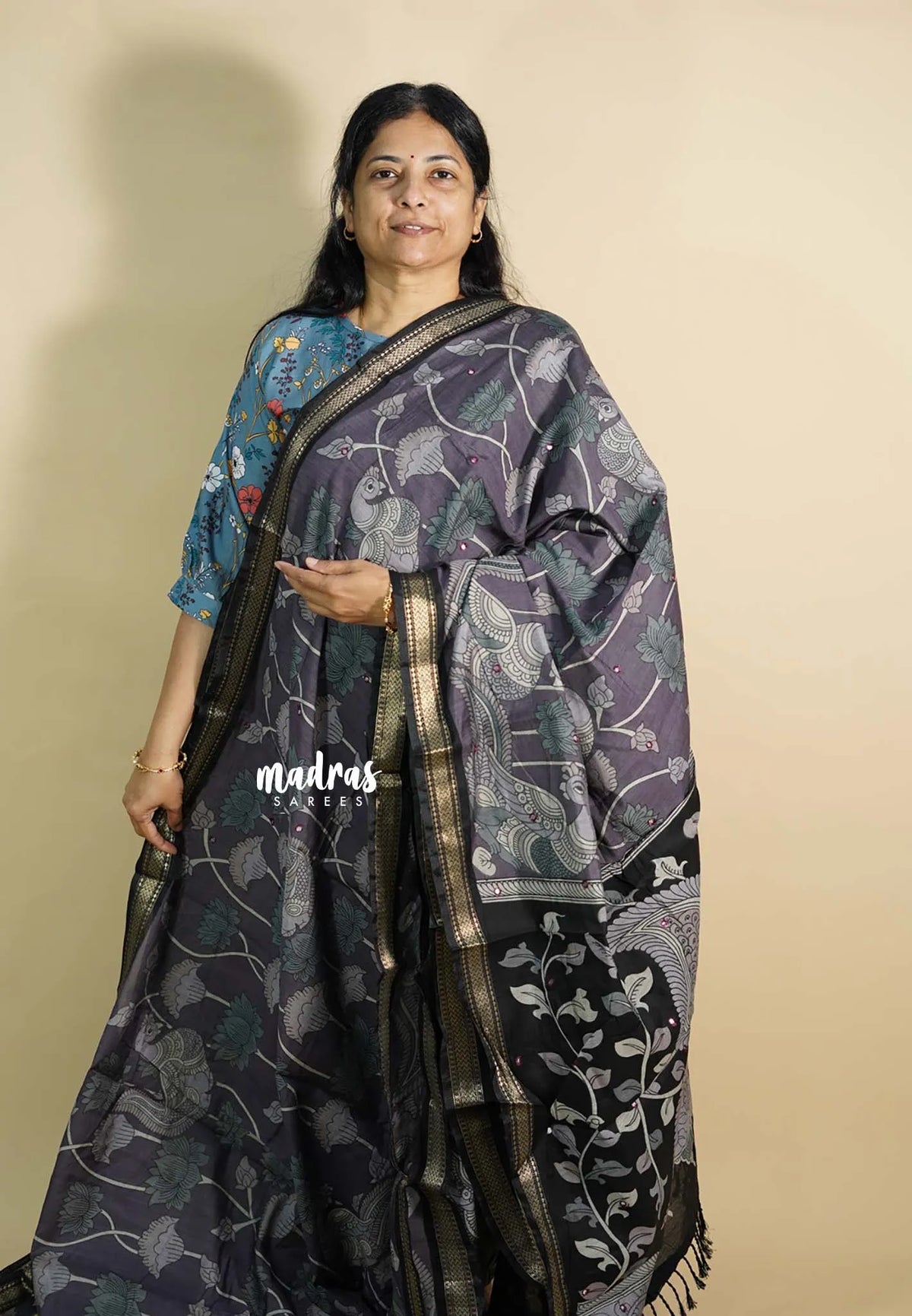 French Grey - Kalanjali chanderi silk with kalamkari prints and foil mirror work