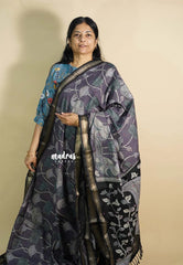 French Grey - Kalanjali chanderi silk with kalamkari prints and foil mirror work