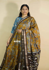 Magic Mustad Yellow - Kalanjali chanderi silk with kalamkari prints and foil mirror work