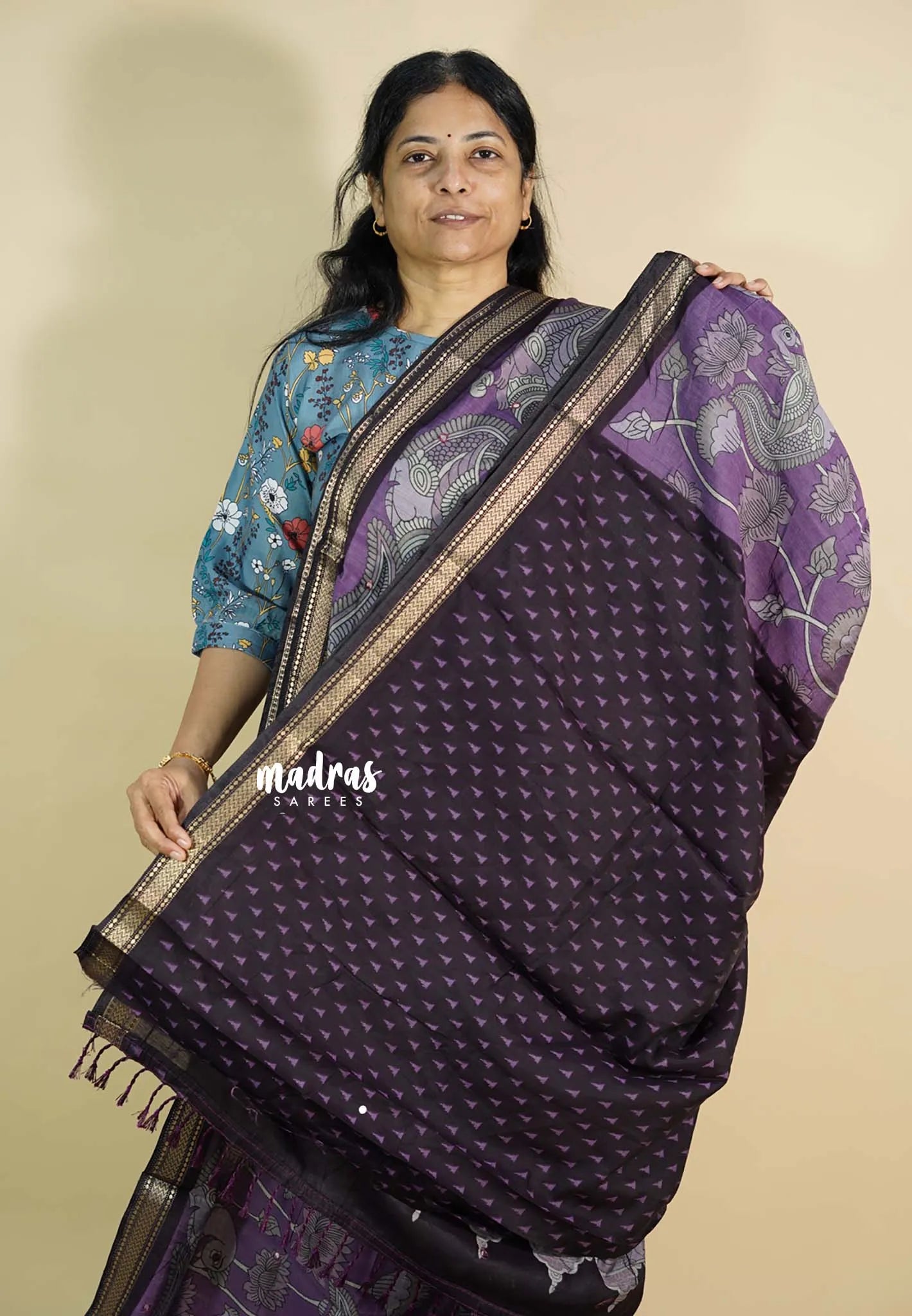 Muted Lavender Purple - Kalanjali chanderi silk with kalamkari prints and foil mirror work