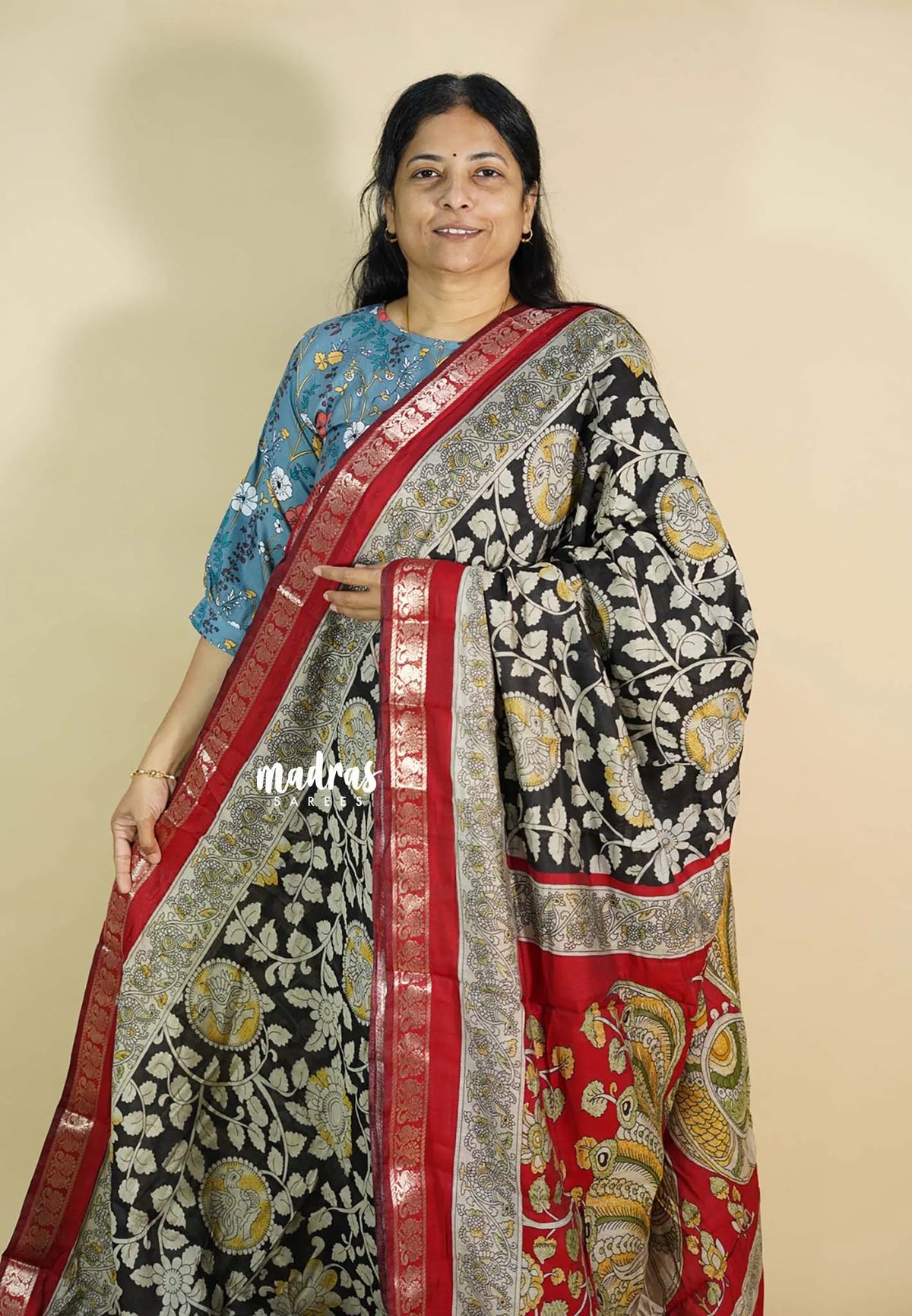 Black - Kalanjali chanderi silk with kalamkari prints with peacock border