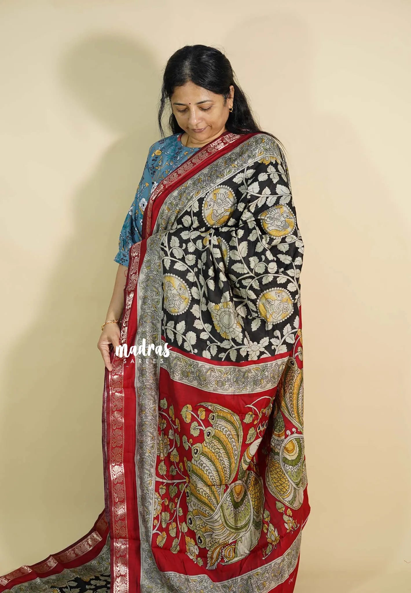 Black - Kalanjali chanderi silk with kalamkari prints with peacock border