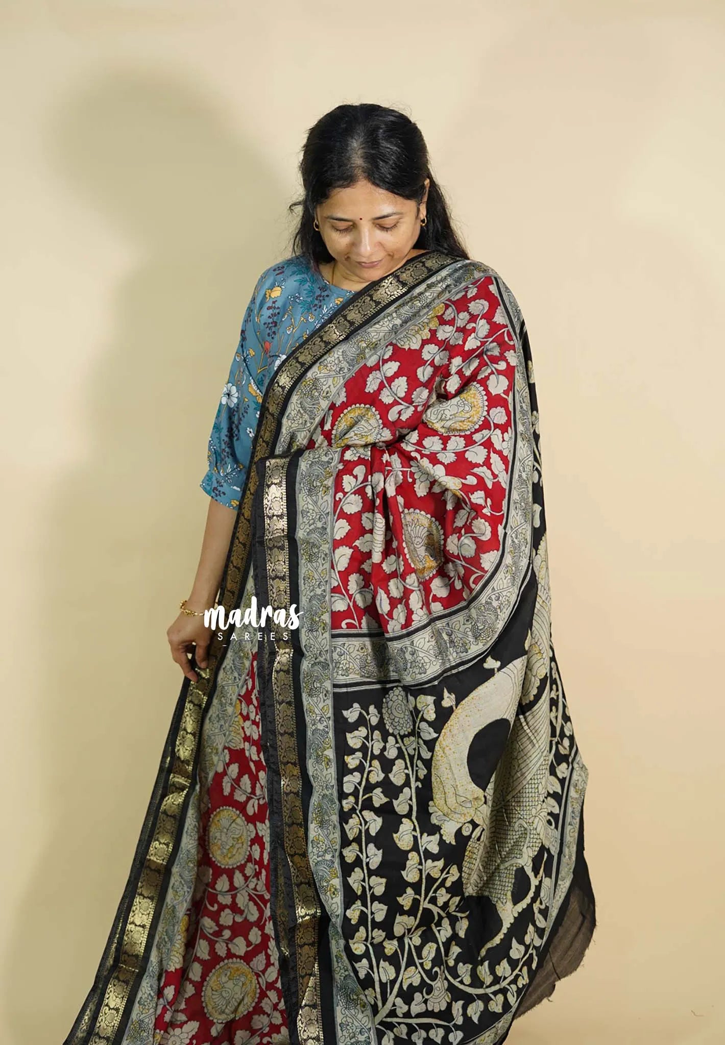 Red - Kalanjali chanderi silk with kalamkari prints with peacock border