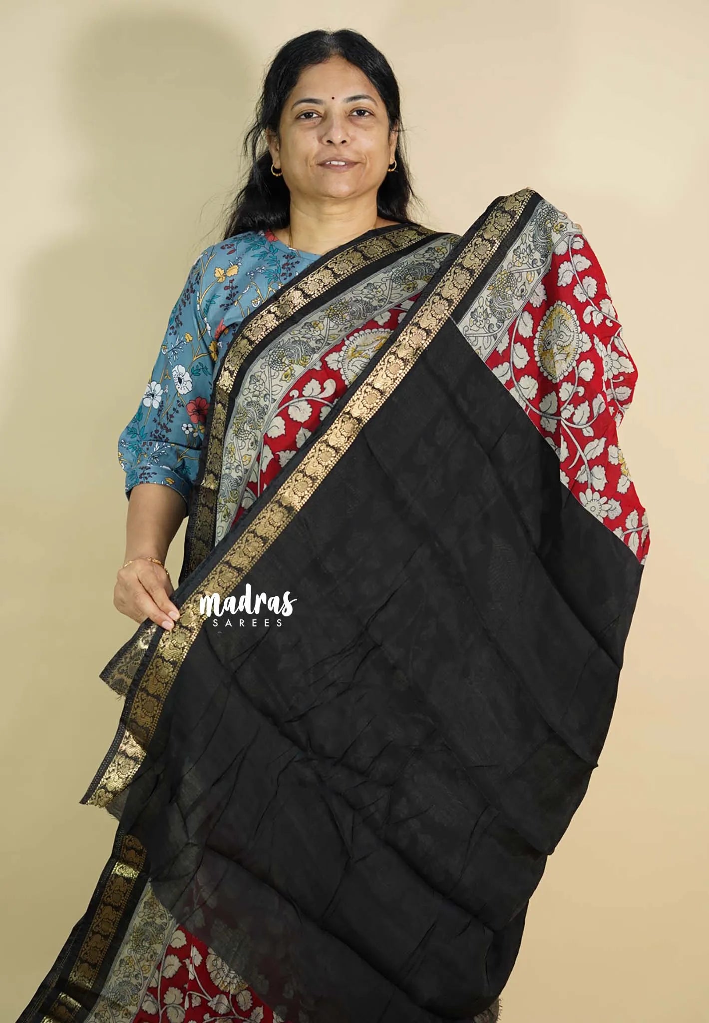 Red - Kalanjali chanderi silk with kalamkari prints with peacock border