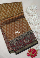 Muted Mustard Brown - Kalanjali Fine Quality Soft Chanderi Silk with Ikkat Prints and Kalamkari Border - Perfect for Office Wear