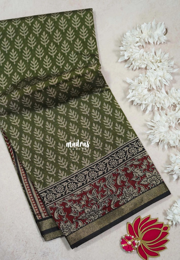 Olive Green - Kalanjali Fine Quality Soft Chanderi Silk with Ikkat Prints and Kalamkari Border - Perfect for Office Wear