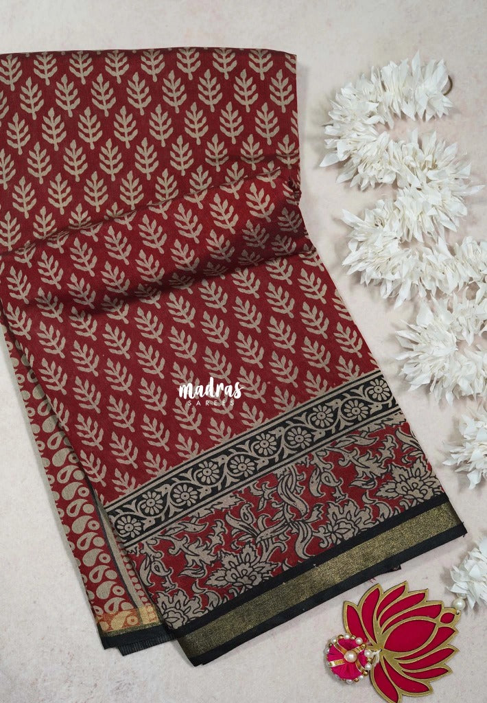 Reddish Maroon - Kalanjali Fine Quality Soft Chanderi Silk with Ikkat Prints and Kalamkari Border - Perfect for Office Wear