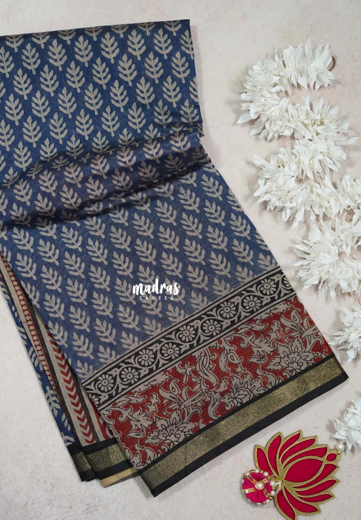 Muted Indigo Blue - Kalanjali Fine Quality Soft Chanderi Silk with Ikkat Prints and Kalamkari Border - Perfect for Office Wear