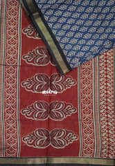 Muted Indigo Blue - Kalanjali Fine Quality Soft Chanderi Silk with Ikkat Prints and Kalamkari Border - Perfect for Office Wear