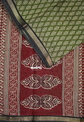 Olive Green - Kalanjali Fine Quality Soft Chanderi Silk with Ikkat Prints and Kalamkari Border - Perfect for Office Wear