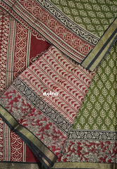 Olive Green - Kalanjali Fine Quality Soft Chanderi Silk with Ikkat Prints and Kalamkari Border - Perfect for Office Wear