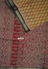 Muted Mustard Brown - Kalanjali Fine Quality Soft Chanderi Silk with Ikkat Prints and Kalamkari Border - Perfect for Office Wear