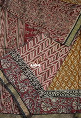Muted Mustard Brown - Kalanjali Fine Quality Soft Chanderi Silk with Ikkat Prints and Kalamkari Border - Perfect for Office Wear
