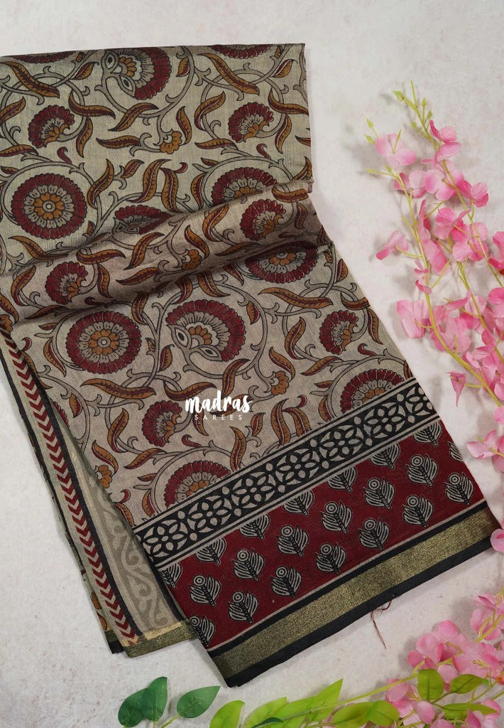 Muted Beige with Red - Kalanjali Fine Quality Soft Chanderi Silk Kalamkari Body with Small Zari Border - Perfect for Office Wear