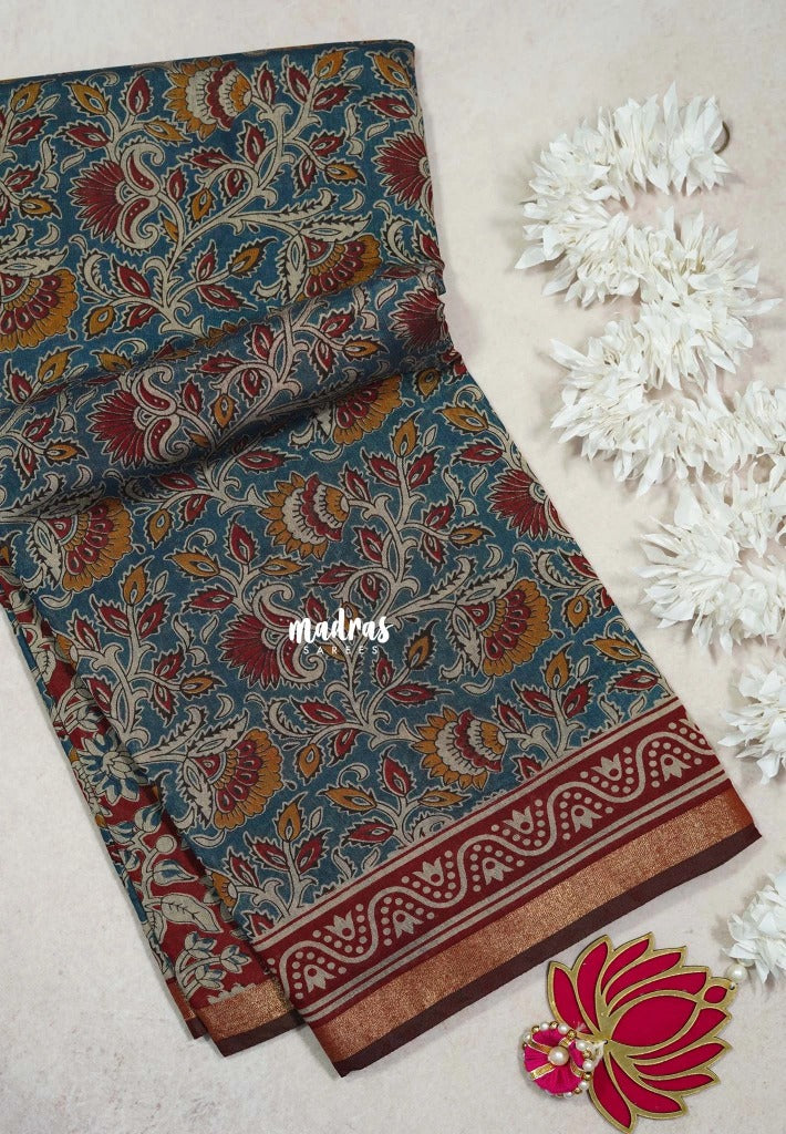 Peacock Blue - Kalanjali Fine Quality Soft Chanderi Silk Kalamkari Body with Small Zari Border - Perfect for Office Wear