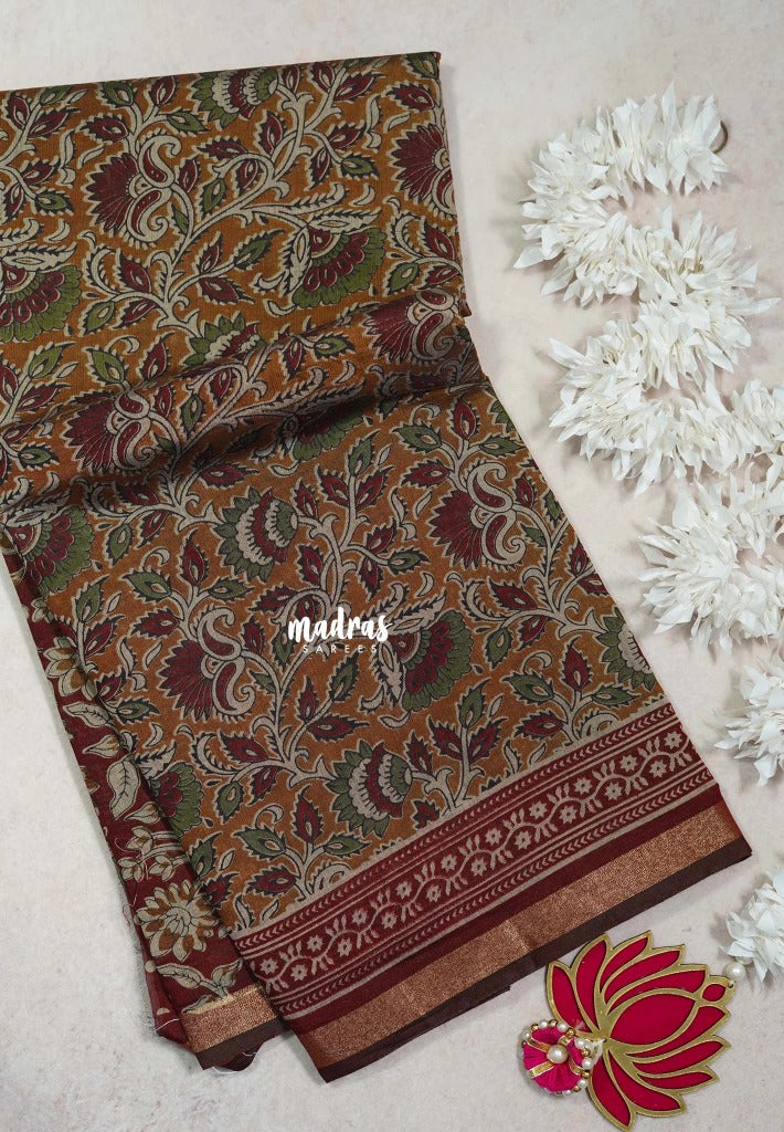 Mustard Brown - Kalanjali Fine Quality Soft Chanderi Silk Kalamkari Body with Small Zari Border - Perfect for Office Wear