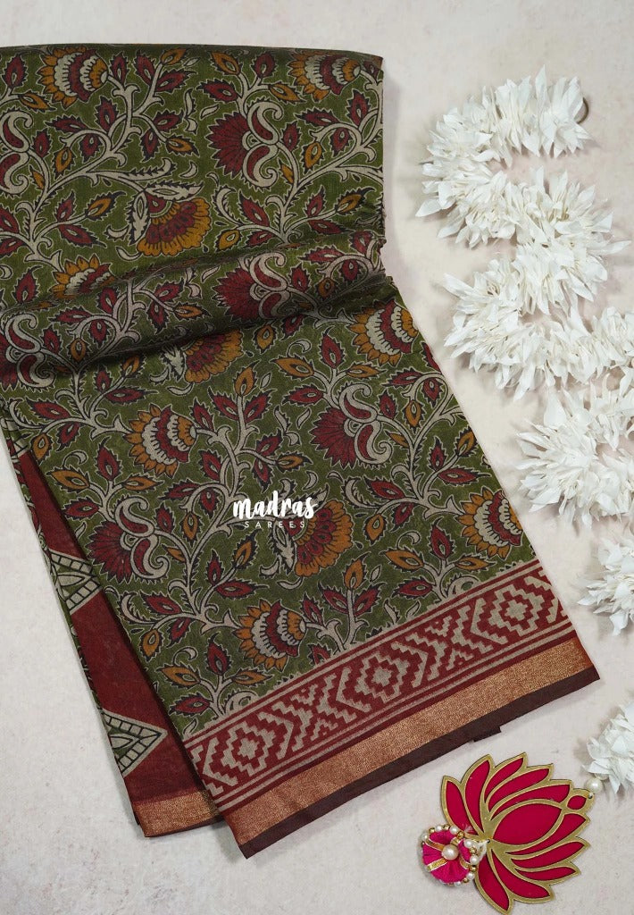 Olive Green - Kalanjali Fine Quality Soft Chanderi Silk Kalamkari Body with Small Zari Border - Perfect for Office Wear