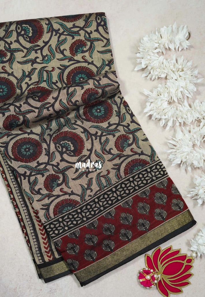 Muted Beige with Red and Blue - Kalanjali Fine Quality Soft Chanderi Silk Kalamkari Body with Small Zari Border - Perfect for Office Wear