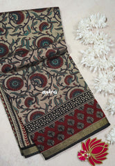 Muted Beige with Red and Blue - Kalanjali Fine Quality Soft Chanderi Silk Kalamkari Body with Small Zari Border - Perfect for Office Wear