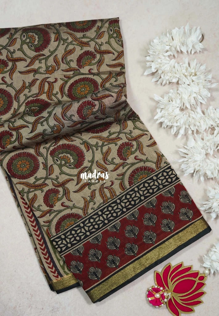 Muted Beige with Red and Green - Kalanjali Fine Quality Soft Chanderi Silk Kalamkari Body with Small Zari Border - Perfect for Office Wear