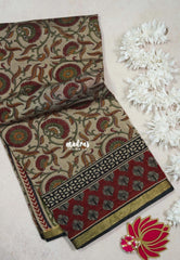 Muted Beige with Red and Green - Kalanjali Fine Quality Soft Chanderi Silk Kalamkari Body with Small Zari Border - Perfect for Office Wear