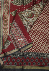 Muted Beige with Red and Green - Kalanjali Fine Quality Soft Chanderi Silk Kalamkari Body with Small Zari Border - Perfect for Office Wear