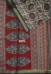 Muted Beige with Red and Blue - Kalanjali Fine Quality Soft Chanderi Silk Kalamkari Body with Small Zari Border - Perfect for Office Wear