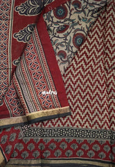 Muted Beige with Red and Blue - Kalanjali Fine Quality Soft Chanderi Silk Kalamkari Body with Small Zari Border - Perfect for Office Wear