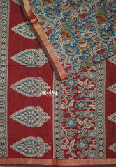 Peacock Blue - Kalanjali Fine Quality Soft Chanderi Silk Kalamkari Body with Small Zari Border - Perfect for Office Wear