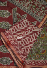 Olive Green - Kalanjali Fine Quality Soft Chanderi Silk Kalamkari Body with Small Zari Border - Perfect for Office Wear