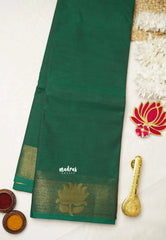 Handmade Karthigai silk cotton with divine lotus weaving border Bottle green - Kamalam