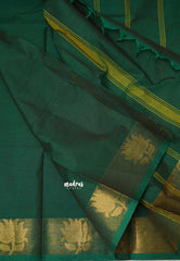 Handmade Karthigai silk cotton with divine lotus weaving border Bottle green - Kamalam