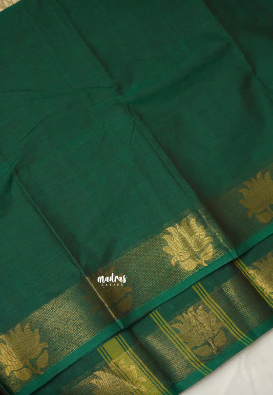 Handmade Karthigai silk cotton with divine lotus weaving border Bottle green - Kamalam