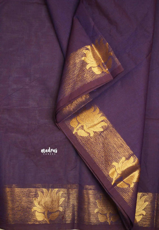 Handmade Karthigai silk cotton with divine lotus weaving border Purple - Kamalam