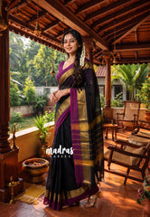 Classic Kanchi cotton with double border with blouse - Black