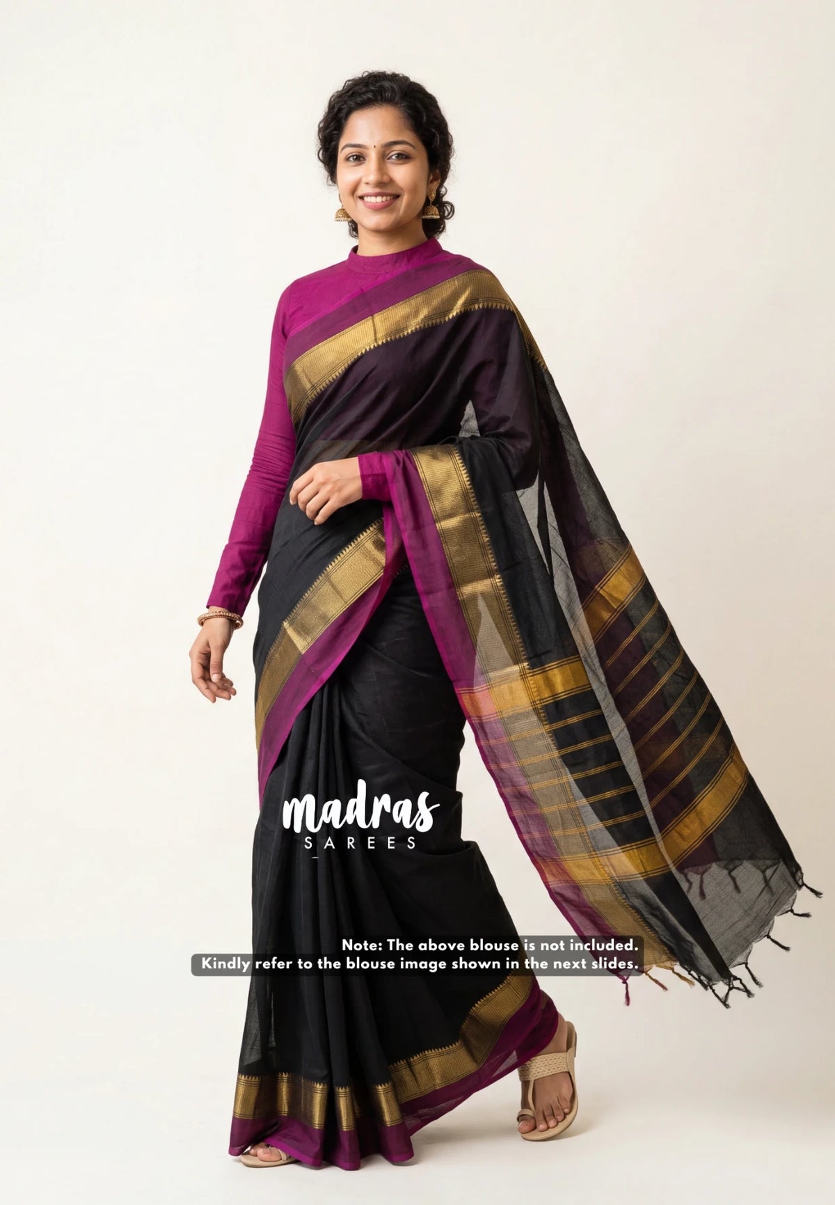 Classic Kanchi cotton with double border with blouse - Black