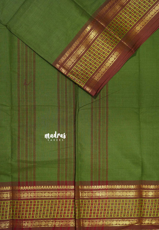 Spring Leaf Green - Classic Kanchi cotton Saree Plain body with Rudraksham and checks Border