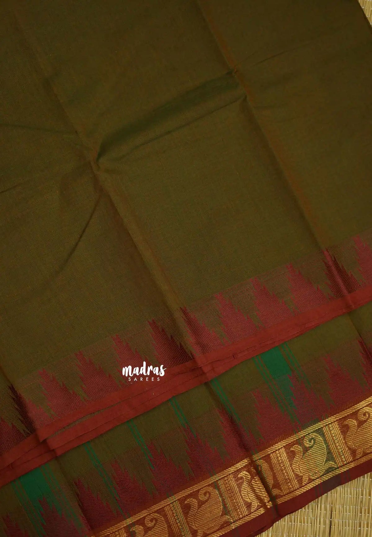 Classic Kanchi cotton Temple border - Army Green